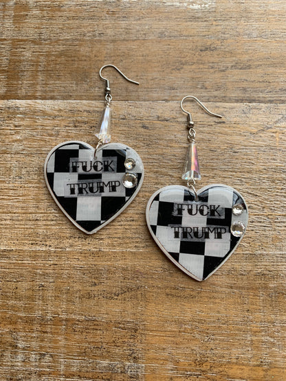 Fuck Trump Punk Checkered Rhinestone Earrings Clip On Earrings Ear Hangers