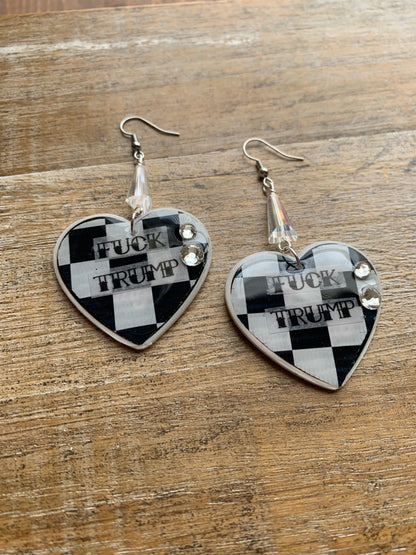 Fuck Trump Punk Checkered Rhinestone Earrings Clip On Earrings Ear Hangers