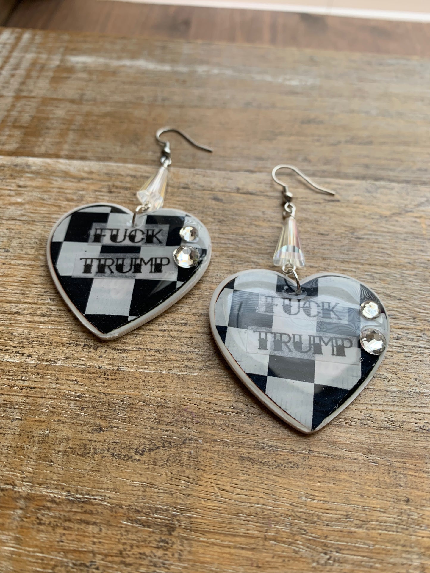 Fuck Trump Punk Checkered Rhinestone Earrings Clip On Earrings Ear Hangers