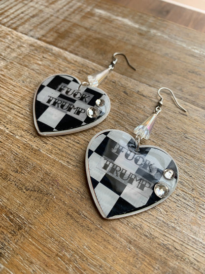 Fuck Trump Punk Checkered Rhinestone Earrings Clip On Earrings Ear Hangers