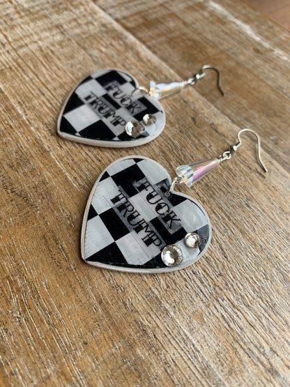 Fuck Trump Punk Checkered Rhinestone Earrings Clip On Earrings Ear Hangers