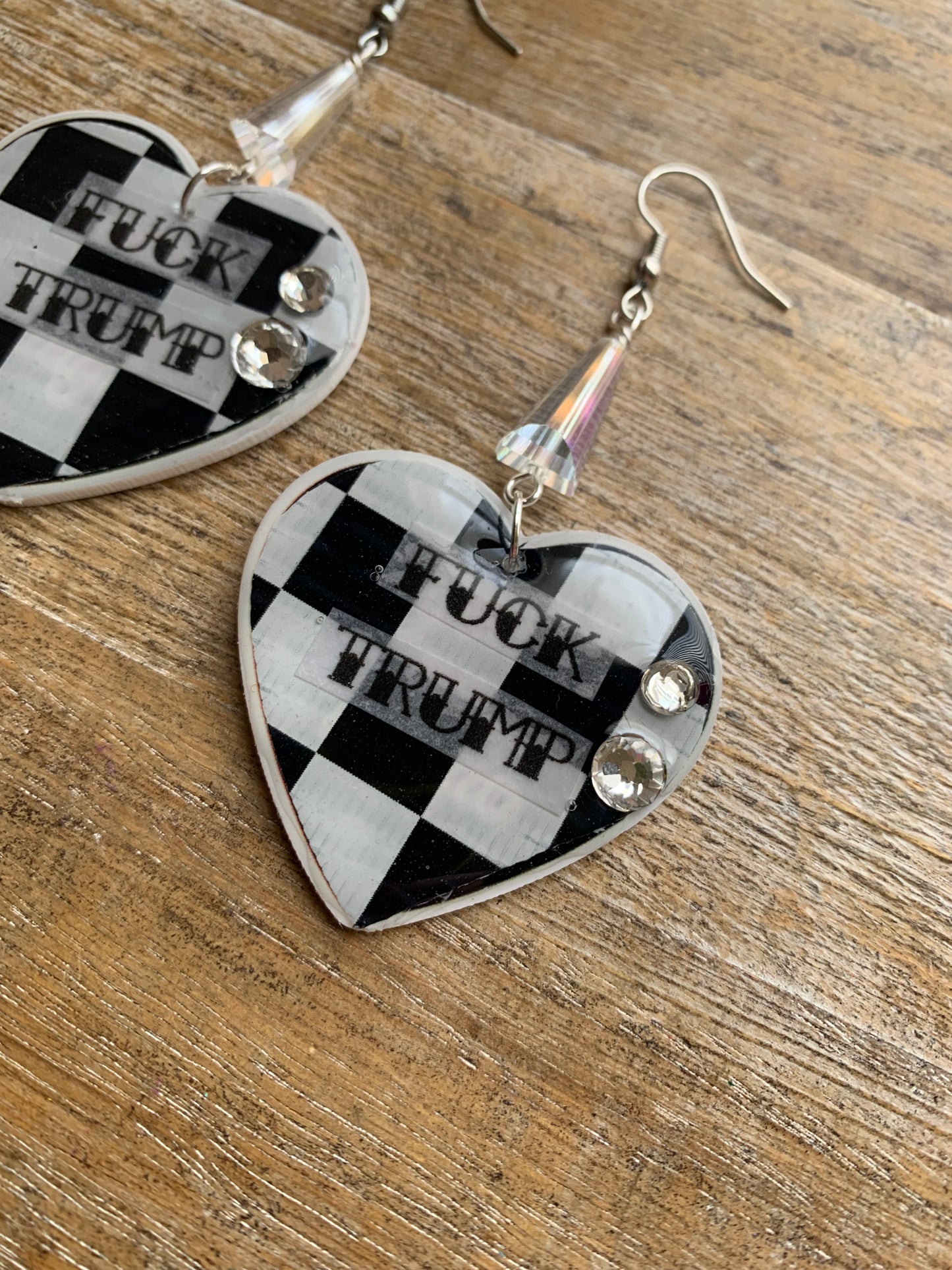 Fuck Trump Punk Checkered Rhinestone Earrings Clip On Earrings Ear Hangers