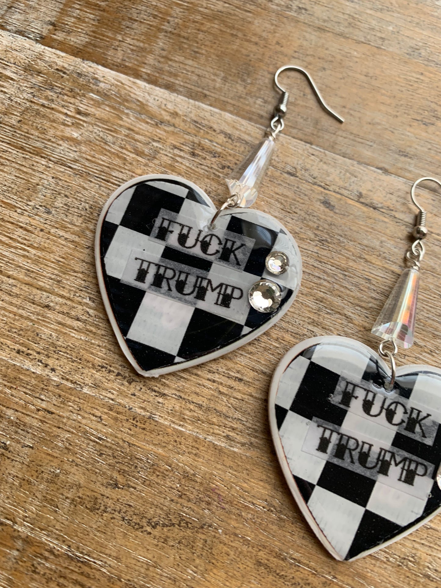 Fuck Trump Punk Checkered Rhinestone Earrings Clip On Earrings Ear Hangers
