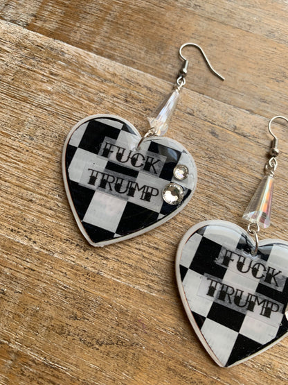 Fuck Trump Punk Checkered Rhinestone Earrings Clip On Earrings Ear Hangers