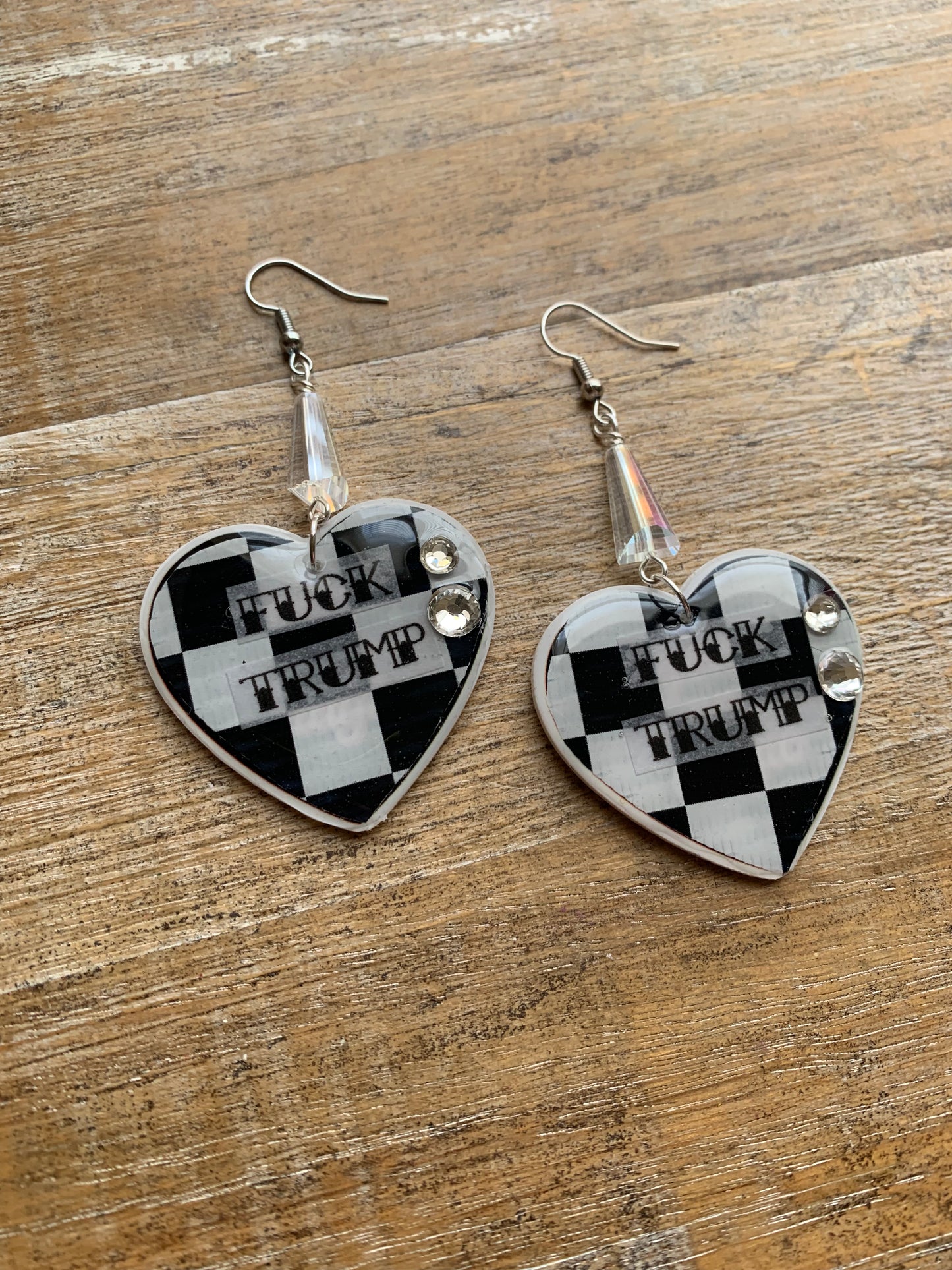 Fuck Trump Punk Checkered Rhinestone Earrings Clip On Earrings Ear Hangers
