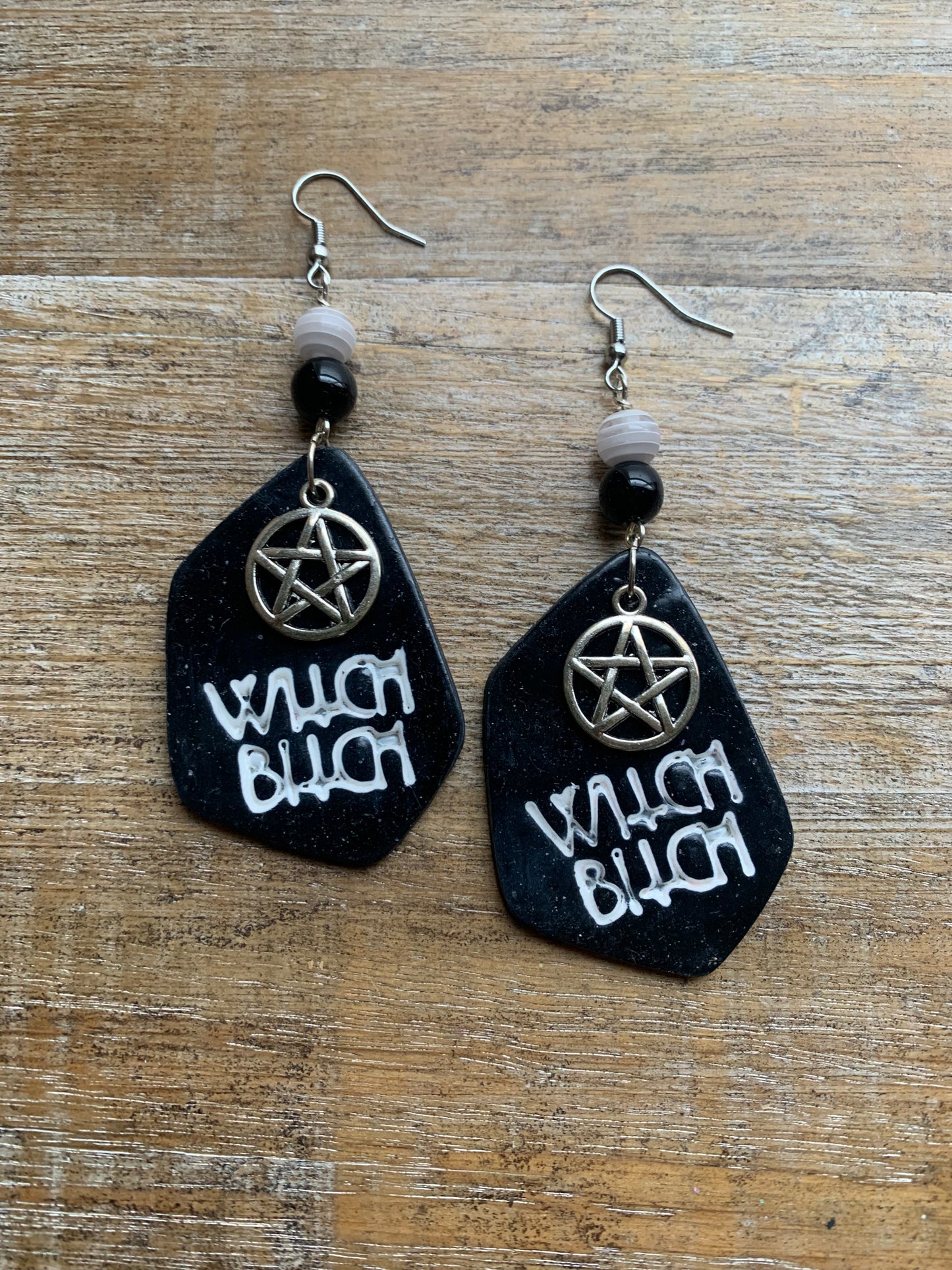 Witch Bitch Black Gothic Polymer Clay Earrings Ear Hangers Clip On Earrings