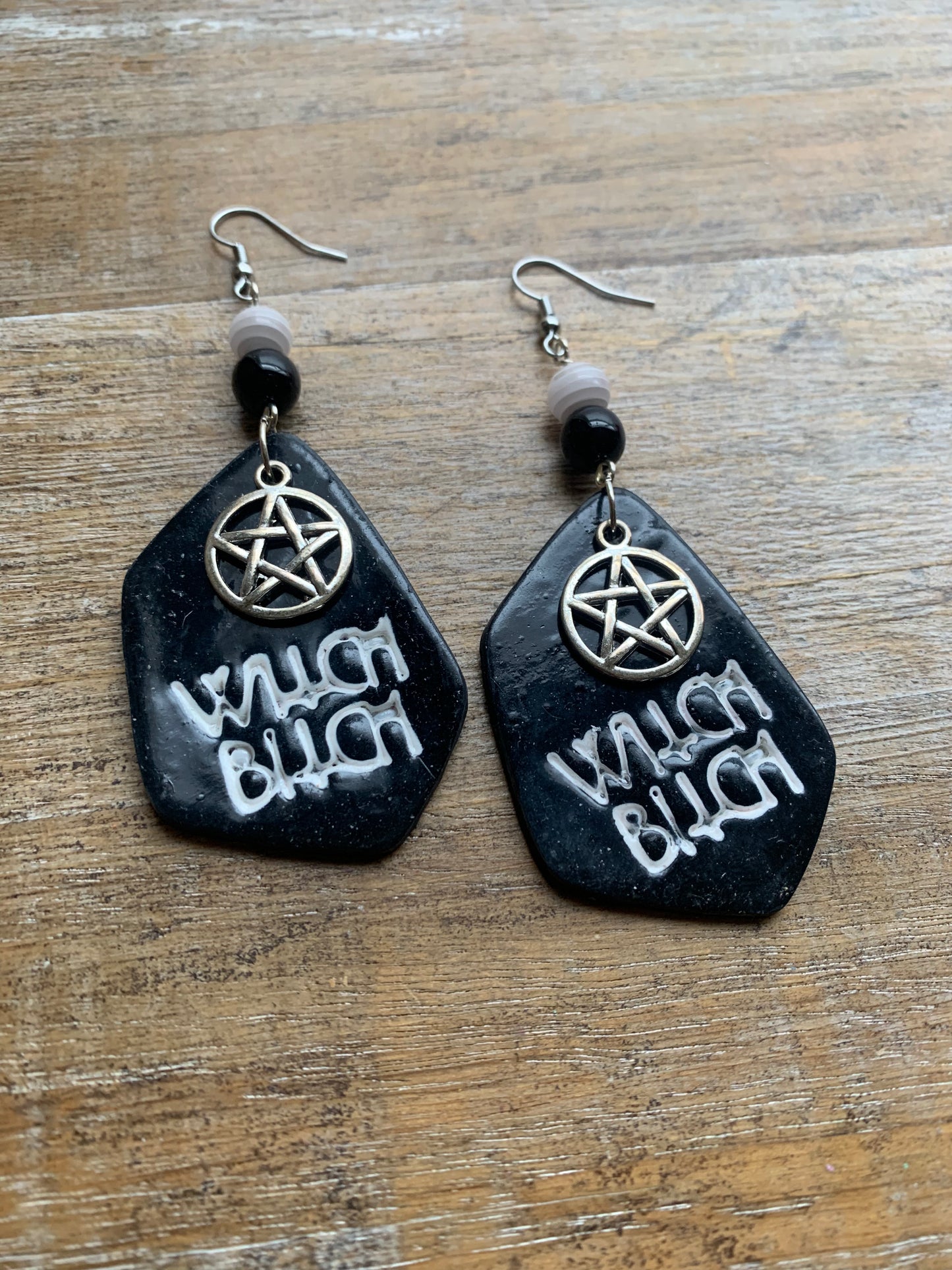Witch Bitch Black Gothic Polymer Clay Earrings Ear Hangers Clip On Earrings