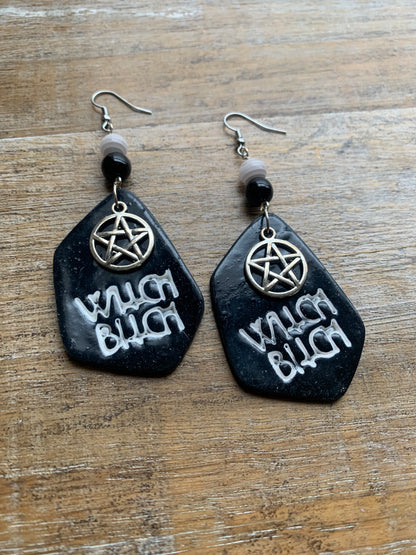 Witch Bitch Black Gothic Polymer Clay Earrings Ear Hangers Clip On Earrings
