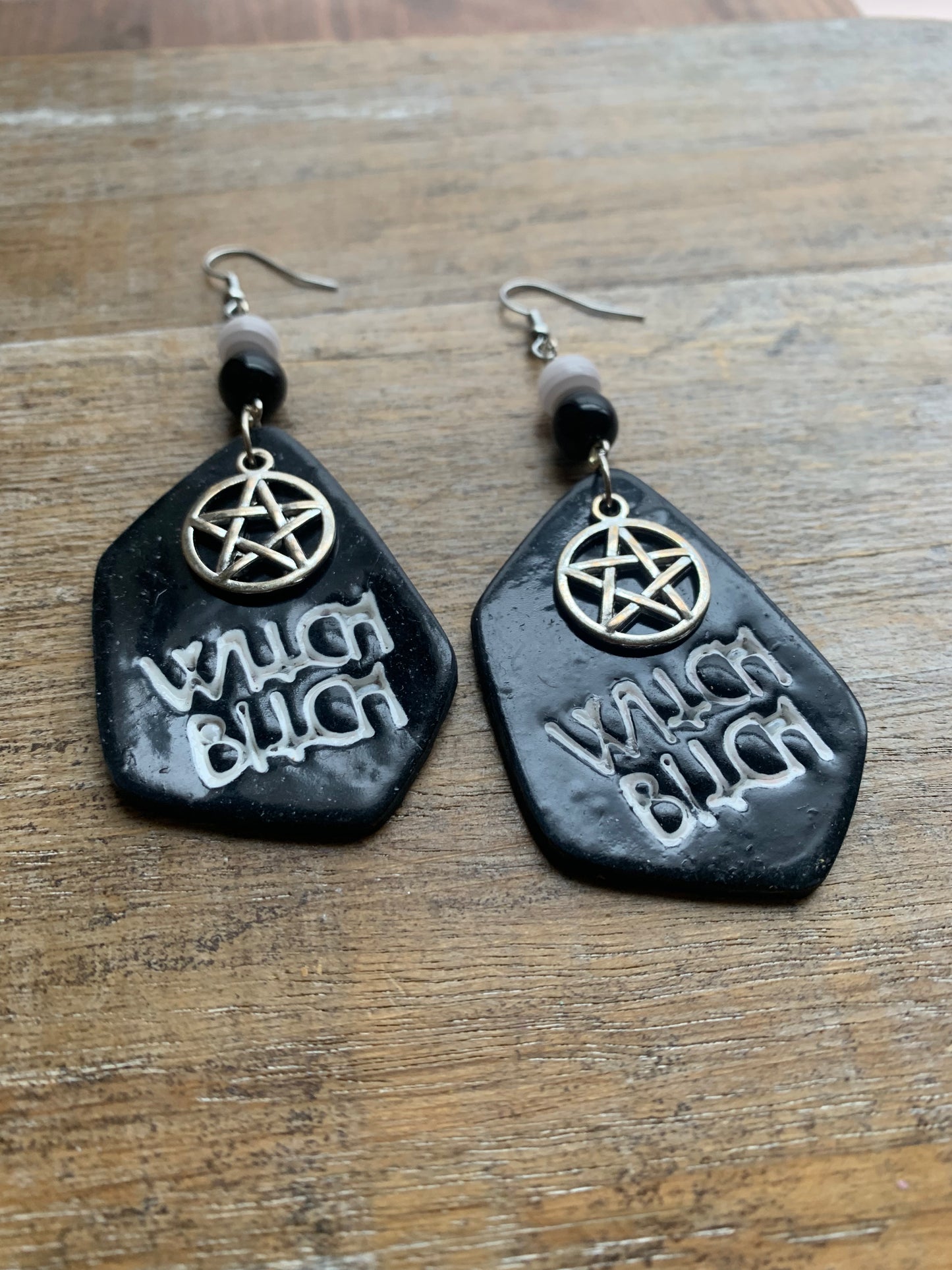 Witch Bitch Black Gothic Polymer Clay Earrings Ear Hangers Clip On Earrings