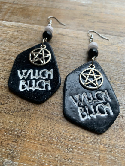 Witch Bitch Black Gothic Polymer Clay Earrings Ear Hangers Clip On Earrings