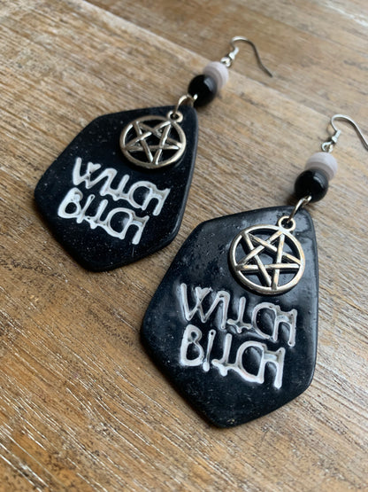 Witch Bitch Black Gothic Polymer Clay Earrings Ear Hangers Clip On Earrings