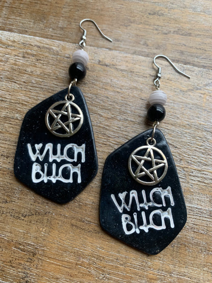 Witch Bitch Black Gothic Polymer Clay Earrings Ear Hangers Clip On Earrings