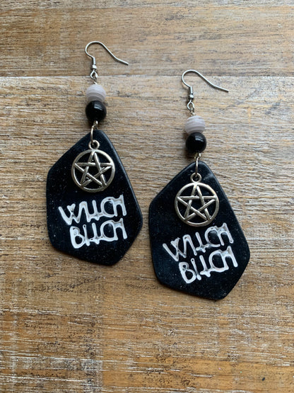 Witch Bitch Black Gothic Polymer Clay Earrings Ear Hangers Clip On Earrings