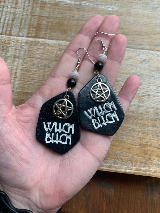 Witch Bitch Black Gothic Polymer Clay Earrings Ear Hangers Clip On Earrings