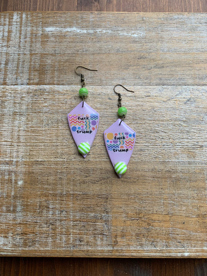 Fuck Trump Clay Protest Activist Earrings Liberal Clip On Earrings Purple Retro FDT Ear Hangers
