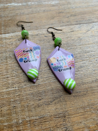 Fuck Trump Clay Protest Activist Earrings Liberal Clip On Earrings Purple Retro FDT Ear Hangers