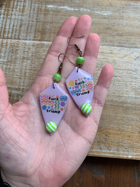 Fuck Trump Clay Protest Activist Earrings Liberal Clip On Earrings Purple Retro FDT Ear Hangers
