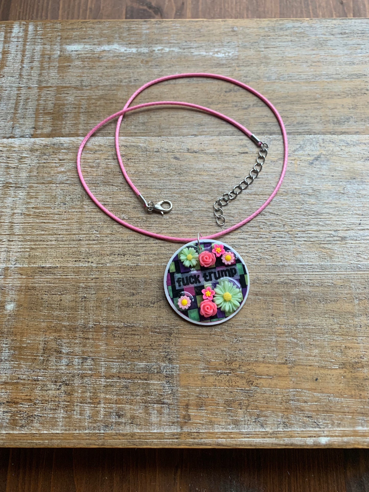 Fuck Trump Flower Necklace Colorful Checkerboard Pastel Floral Statement Necklace