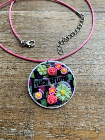 Fuck Trump Flower Necklace Colorful Checkerboard Pastel Floral Statement Necklace