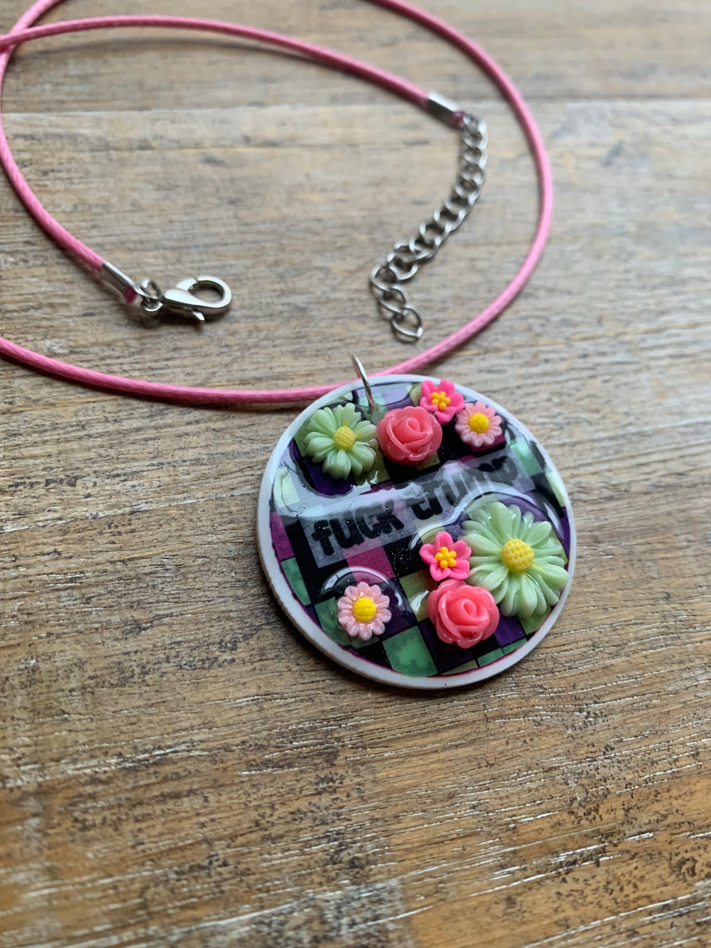 Fuck Trump Flower Necklace Colorful Checkerboard Pastel Floral Statement Necklace