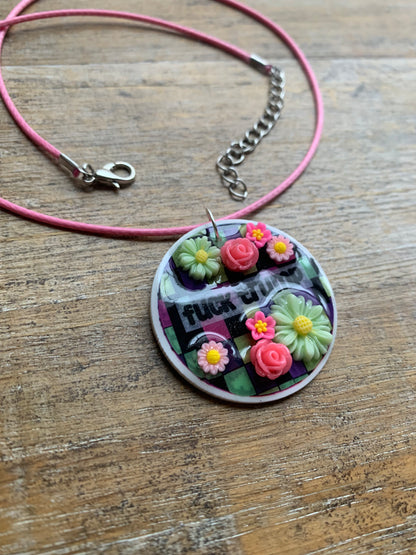 Fuck Trump Flower Necklace Colorful Checkerboard Pastel Floral Statement Necklace