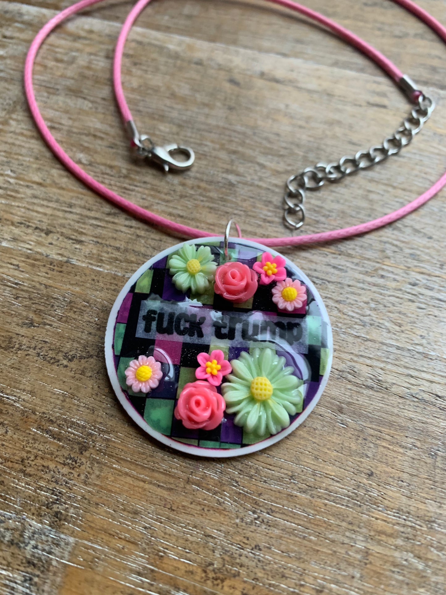 Fuck Trump Flower Necklace Colorful Checkerboard Pastel Floral Statement Necklace