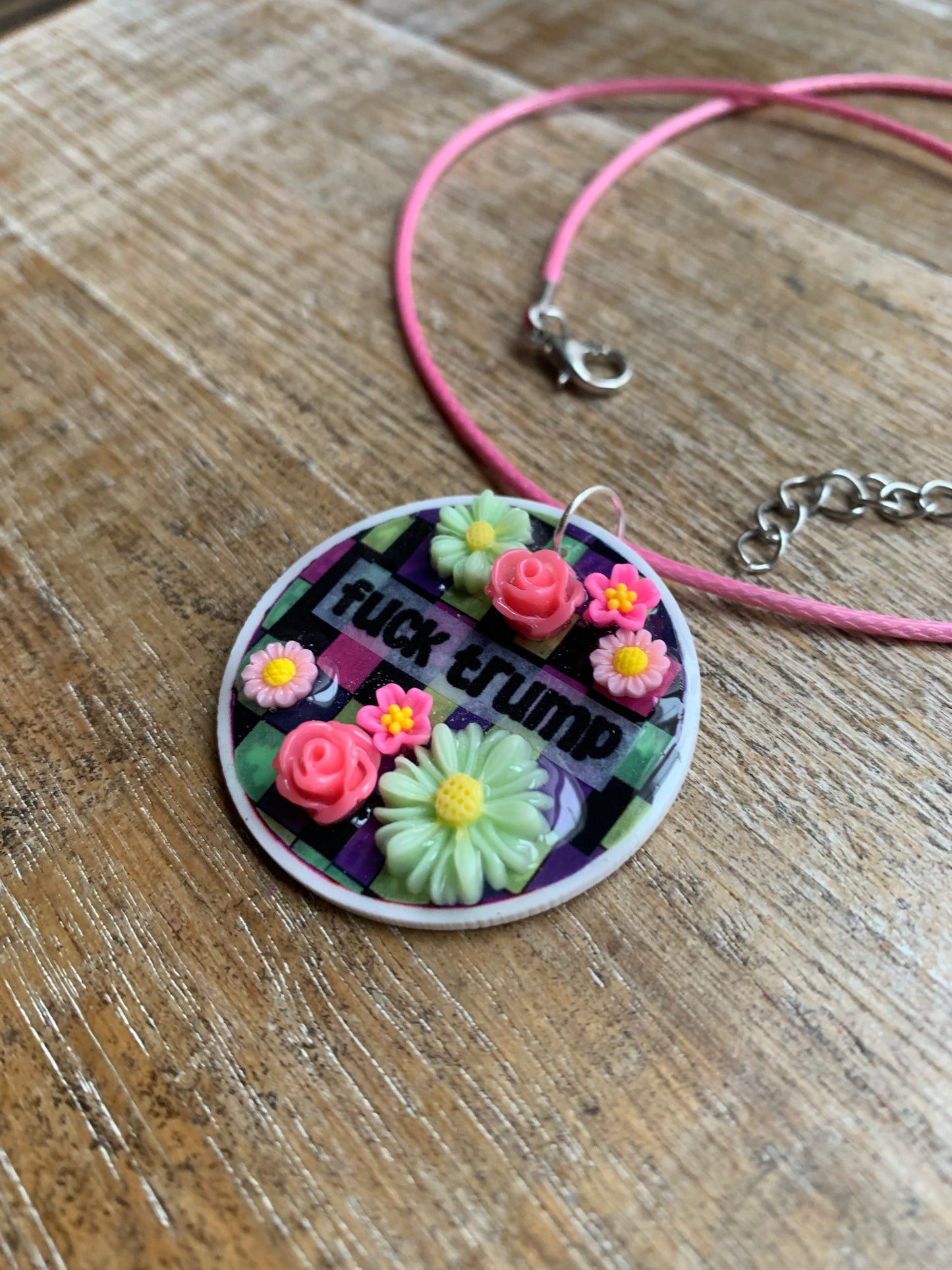 Fuck Trump Flower Necklace Colorful Checkerboard Pastel Floral Statement Necklace