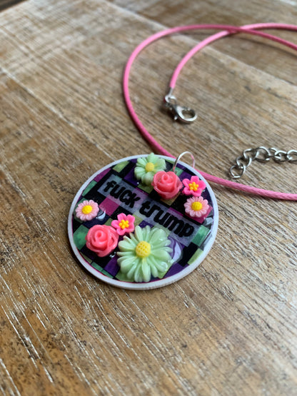 Fuck Trump Flower Necklace Colorful Checkerboard Pastel Floral Statement Necklace