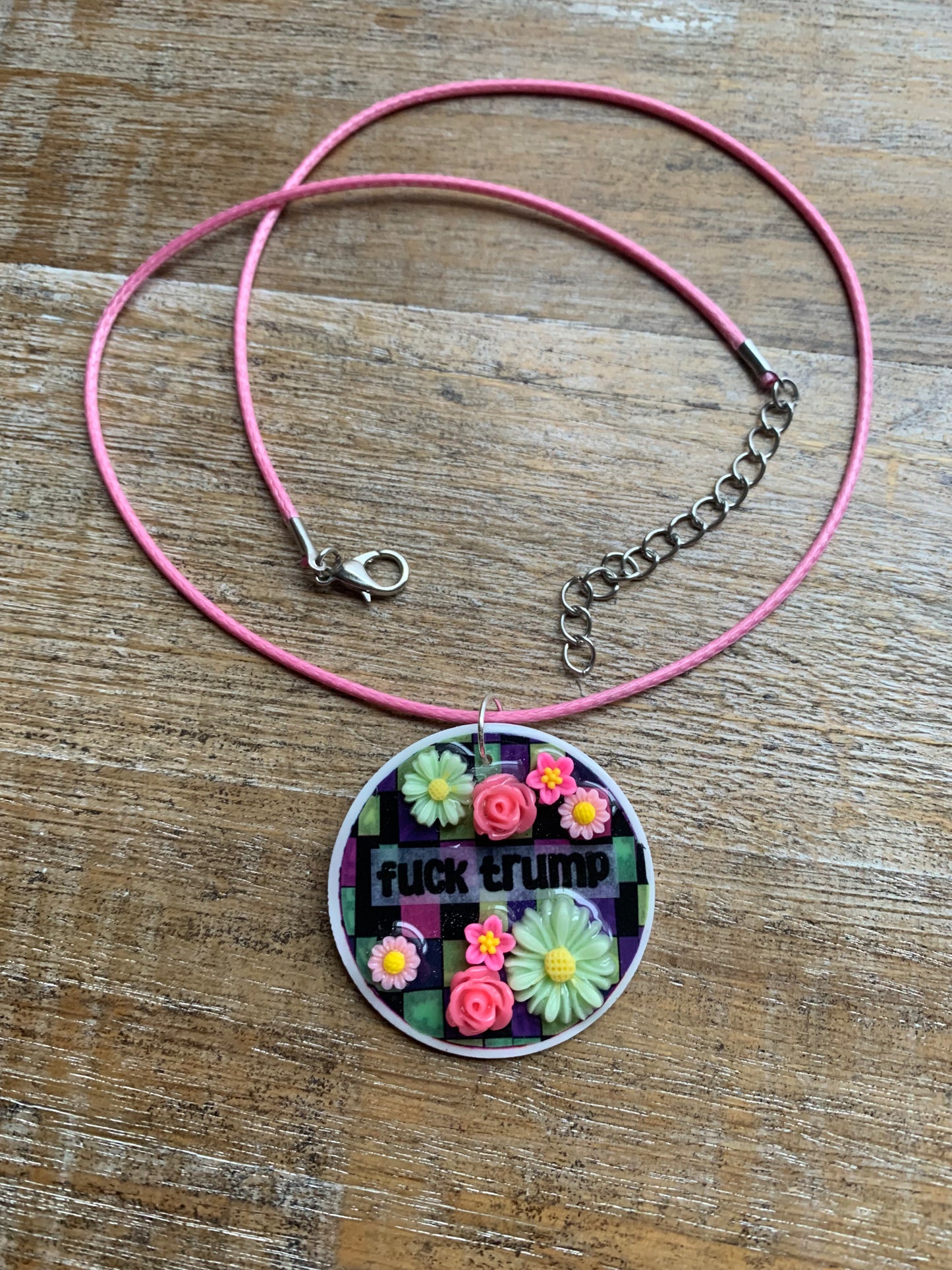 Fuck Trump Flower Necklace Colorful Checkerboard Pastel Floral Statement Necklace