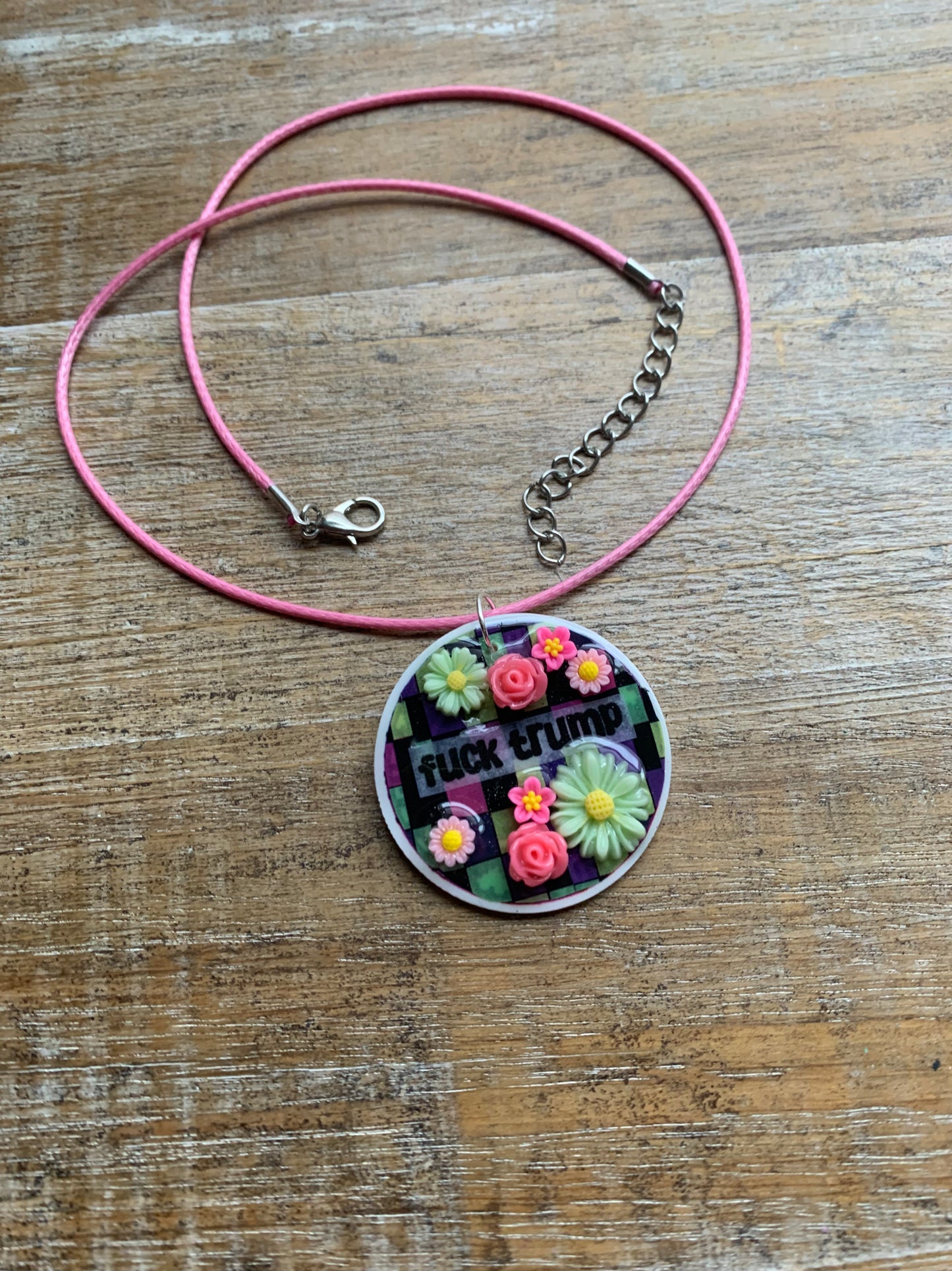 Fuck Trump Flower Necklace Colorful Checkerboard Pastel Floral Statement Necklace