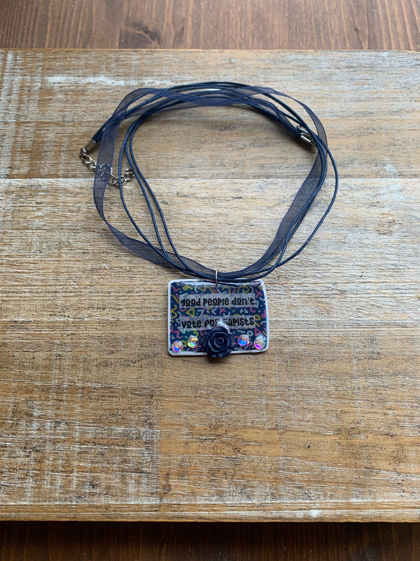 Good People Don’t Vote for Rapists Necklace Navy Blue Retro Rose Floral Statement Necklace