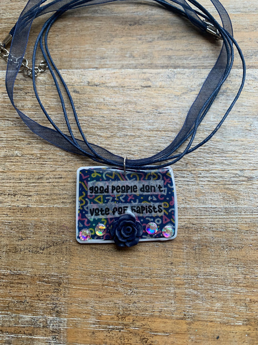 Good People Don’t Vote for Rapists Necklace Navy Blue Retro Rose Floral Statement Necklace