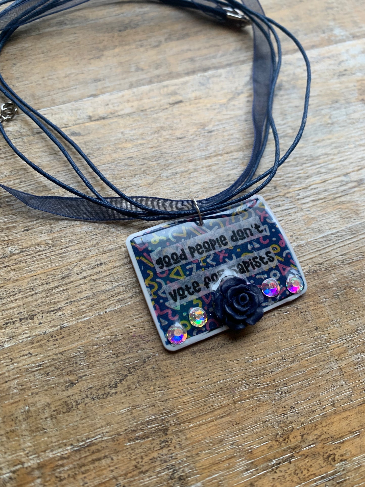 Good People Don’t Vote for Rapists Necklace Navy Blue Retro Rose Floral Statement Necklace