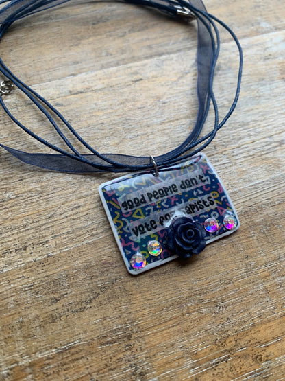 Good People Don’t Vote for Rapists Necklace Navy Blue Retro Rose Floral Statement Necklace