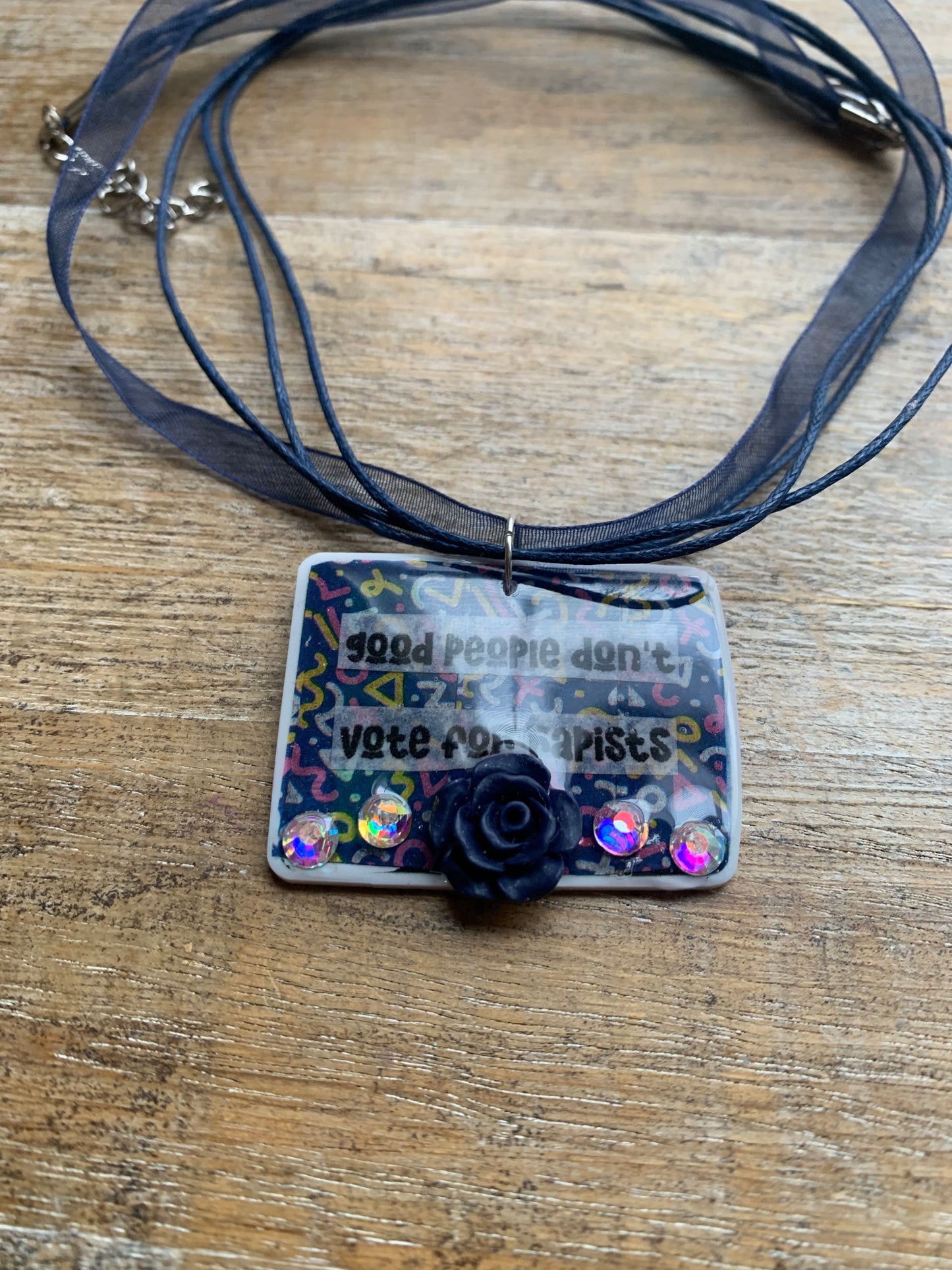 Good People Don’t Vote for Rapists Necklace Navy Blue Retro Rose Floral Statement Necklace