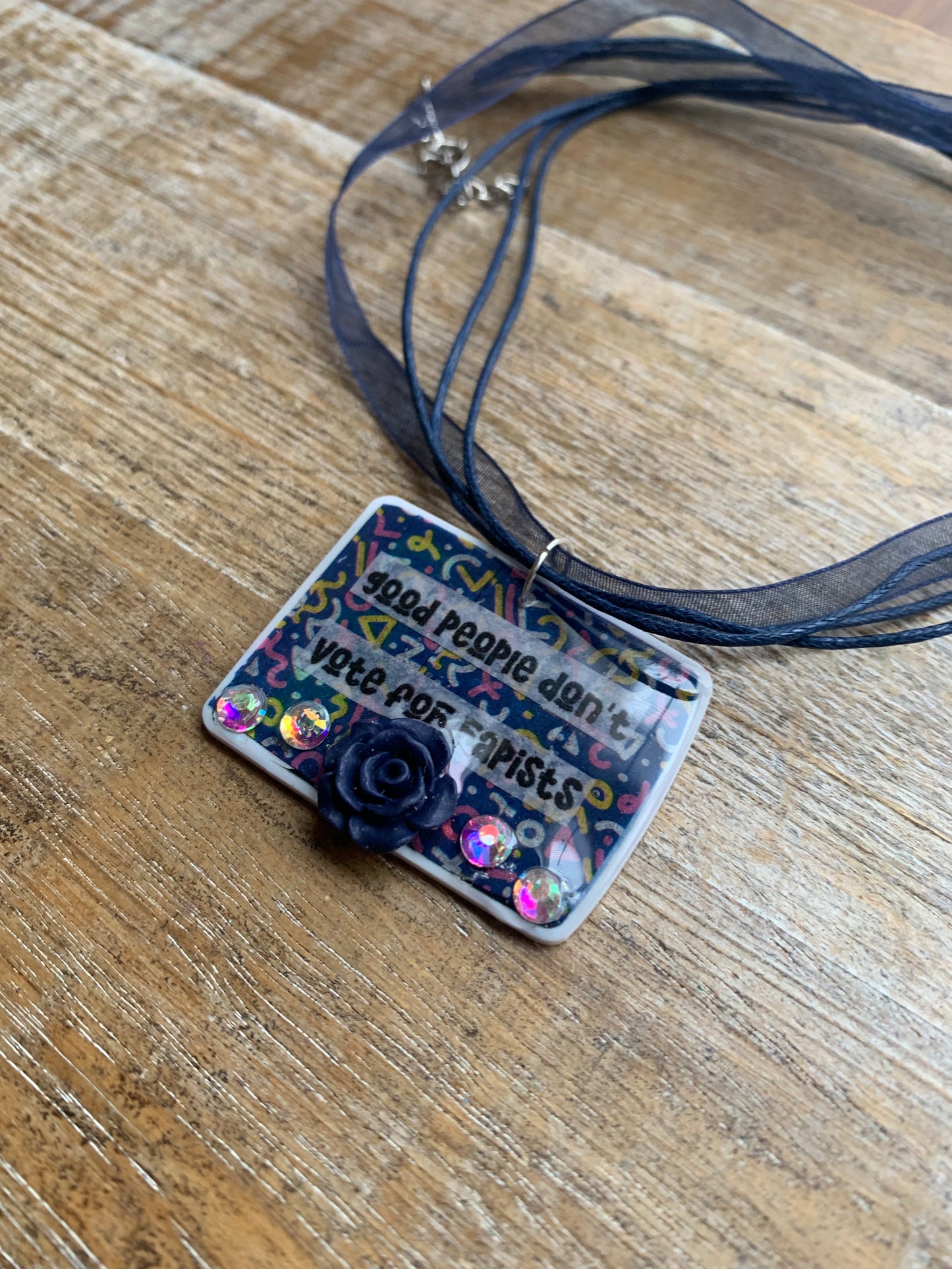 Good People Don’t Vote for Rapists Necklace Navy Blue Retro Rose Floral Statement Necklace