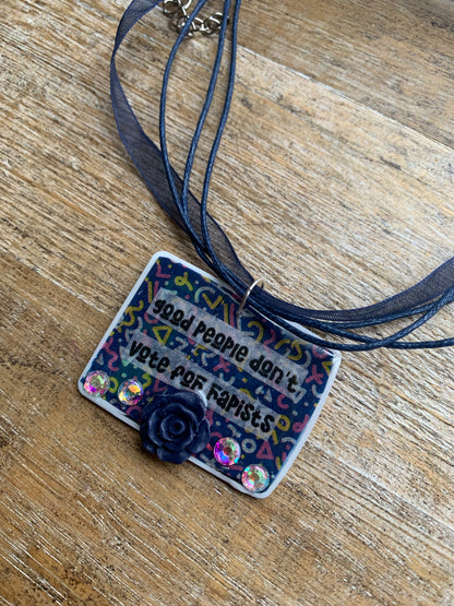 Good People Don’t Vote for Rapists Necklace Navy Blue Retro Rose Floral Statement Necklace