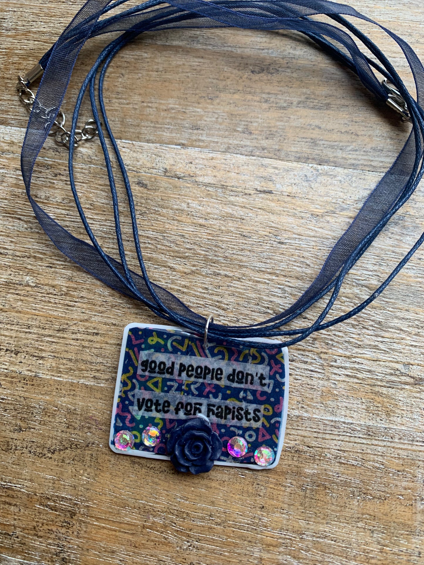 Good People Don’t Vote for Rapists Necklace Navy Blue Retro Rose Floral Statement Necklace