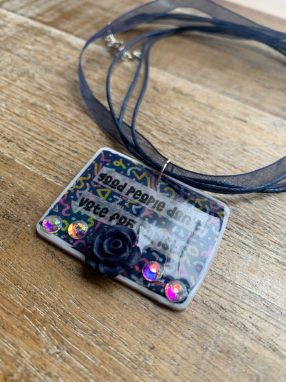 Good People Don’t Vote for Rapists Necklace Navy Blue Retro Rose Floral Statement Necklace