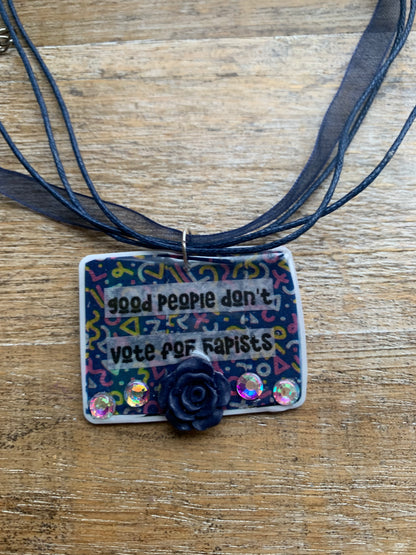 Good People Don’t Vote for Rapists Necklace Navy Blue Retro Rose Floral Statement Necklace
