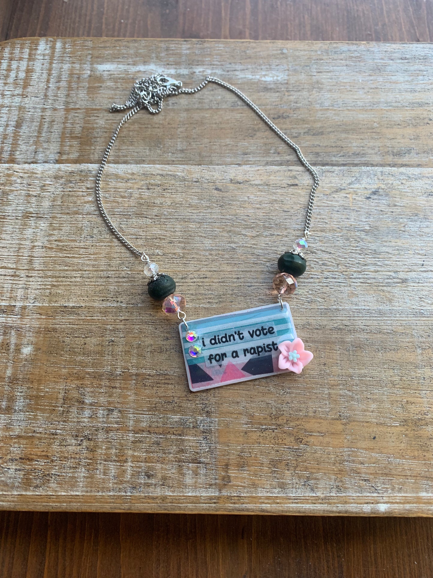 I Didn’t Vote for a Rapist Necklace Art Deco Liberal Democrat Necklace Anti Trump Silver Tone Chain