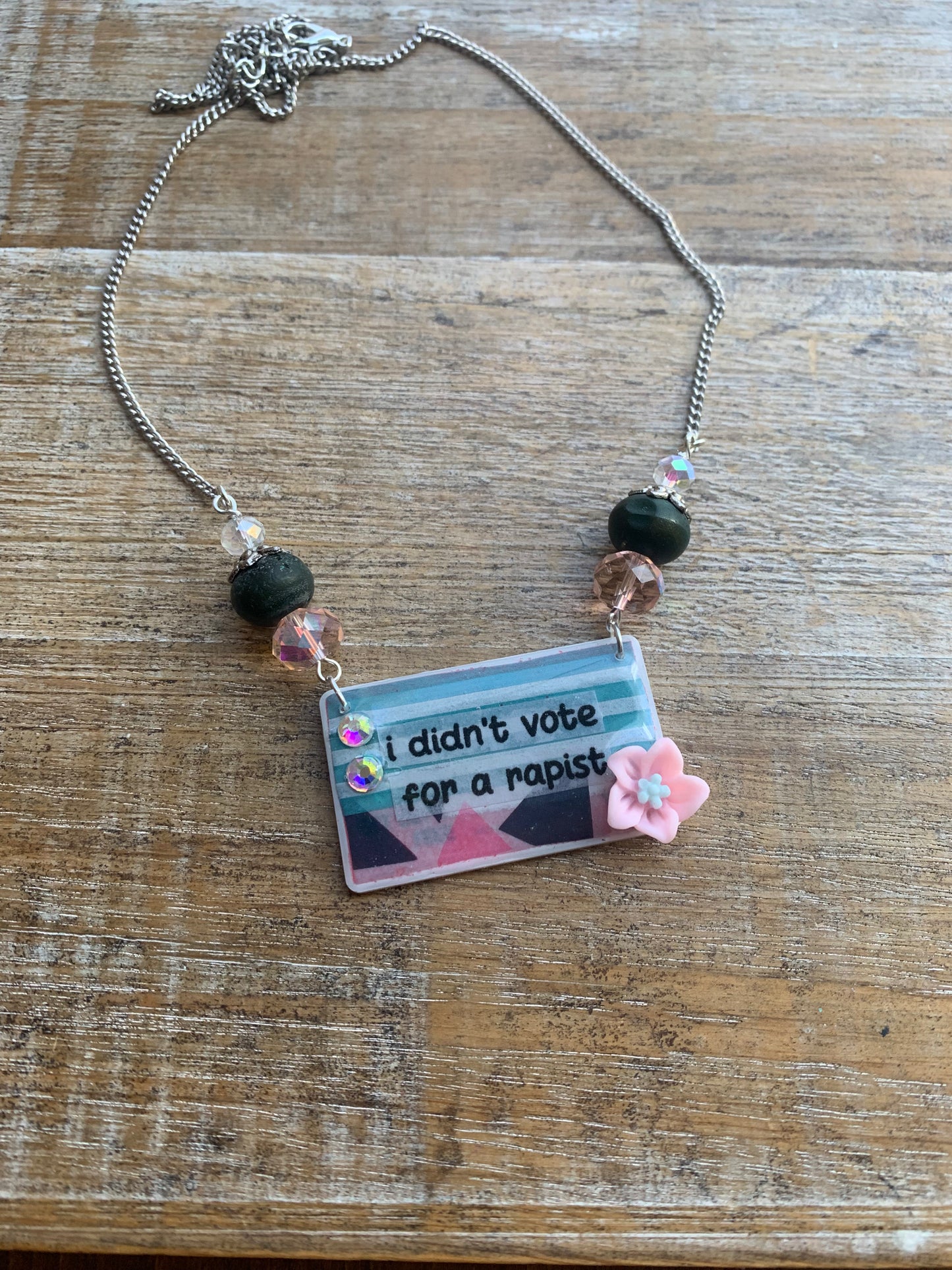 I Didn’t Vote for a Rapist Necklace Art Deco Liberal Democrat Necklace Anti Trump Silver Tone Chain