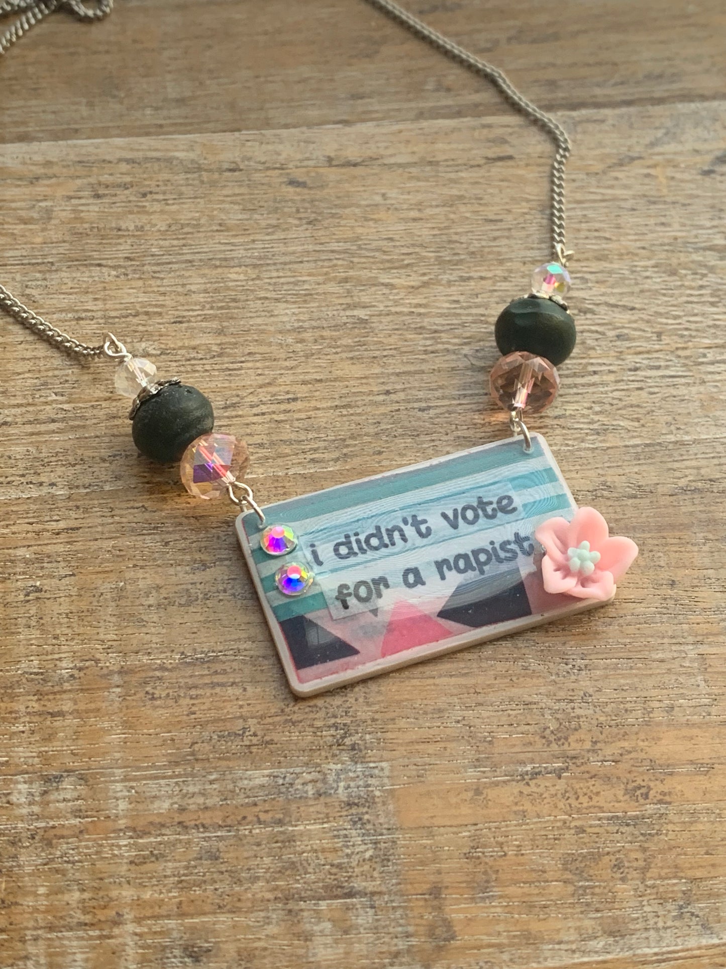 I Didn’t Vote for a Rapist Necklace Art Deco Liberal Democrat Necklace Anti Trump Silver Tone Chain