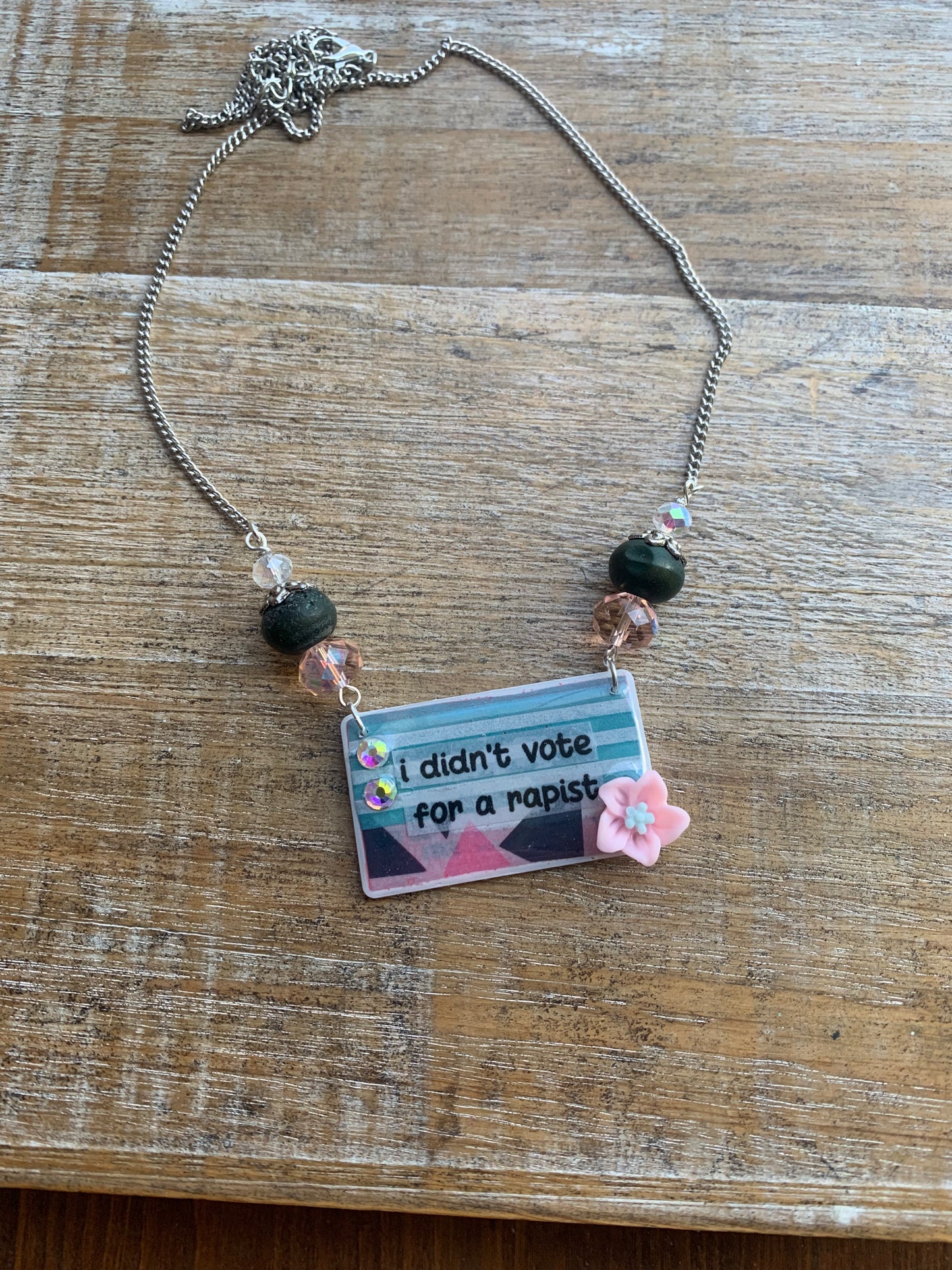 I Didn’t Vote for a Rapist Necklace Art Deco Liberal Democrat Necklace Anti Trump Silver Tone Chain