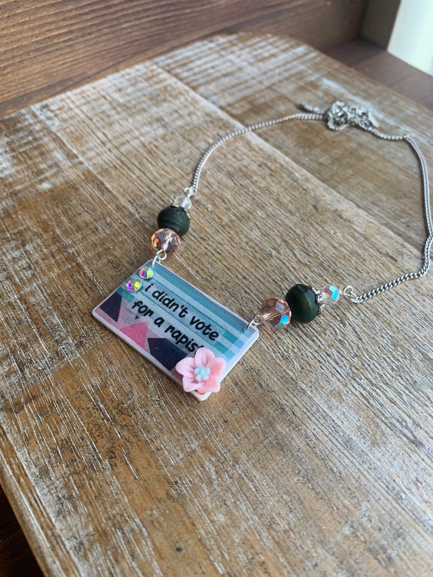 I Didn’t Vote for a Rapist Necklace Art Deco Liberal Democrat Necklace Anti Trump Silver Tone Chain