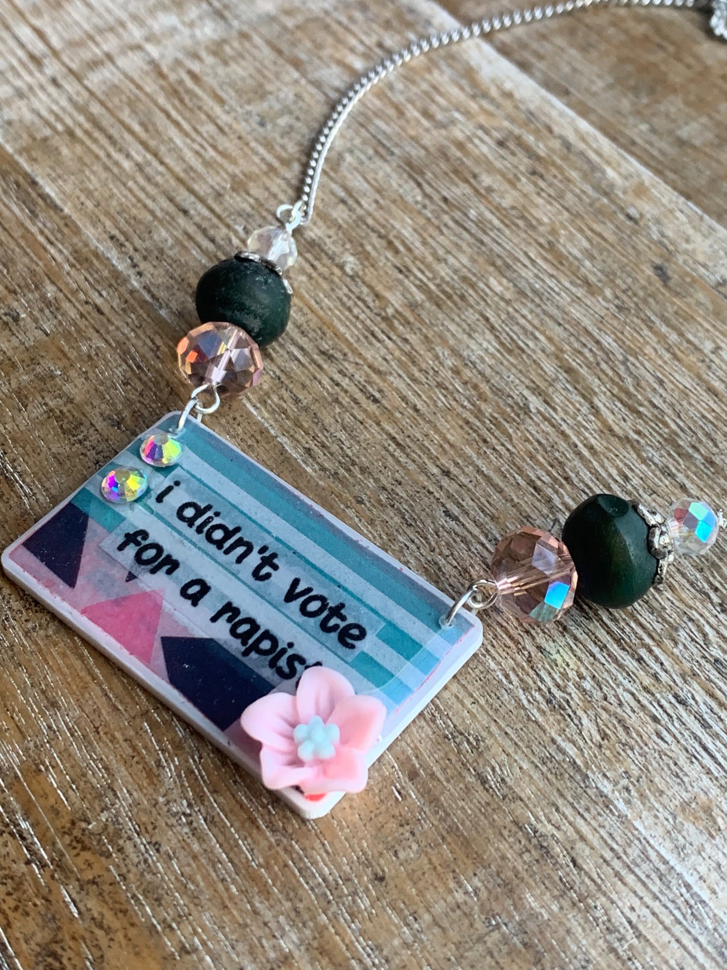 I Didn’t Vote for a Rapist Necklace Art Deco Liberal Democrat Necklace Anti Trump Silver Tone Chain