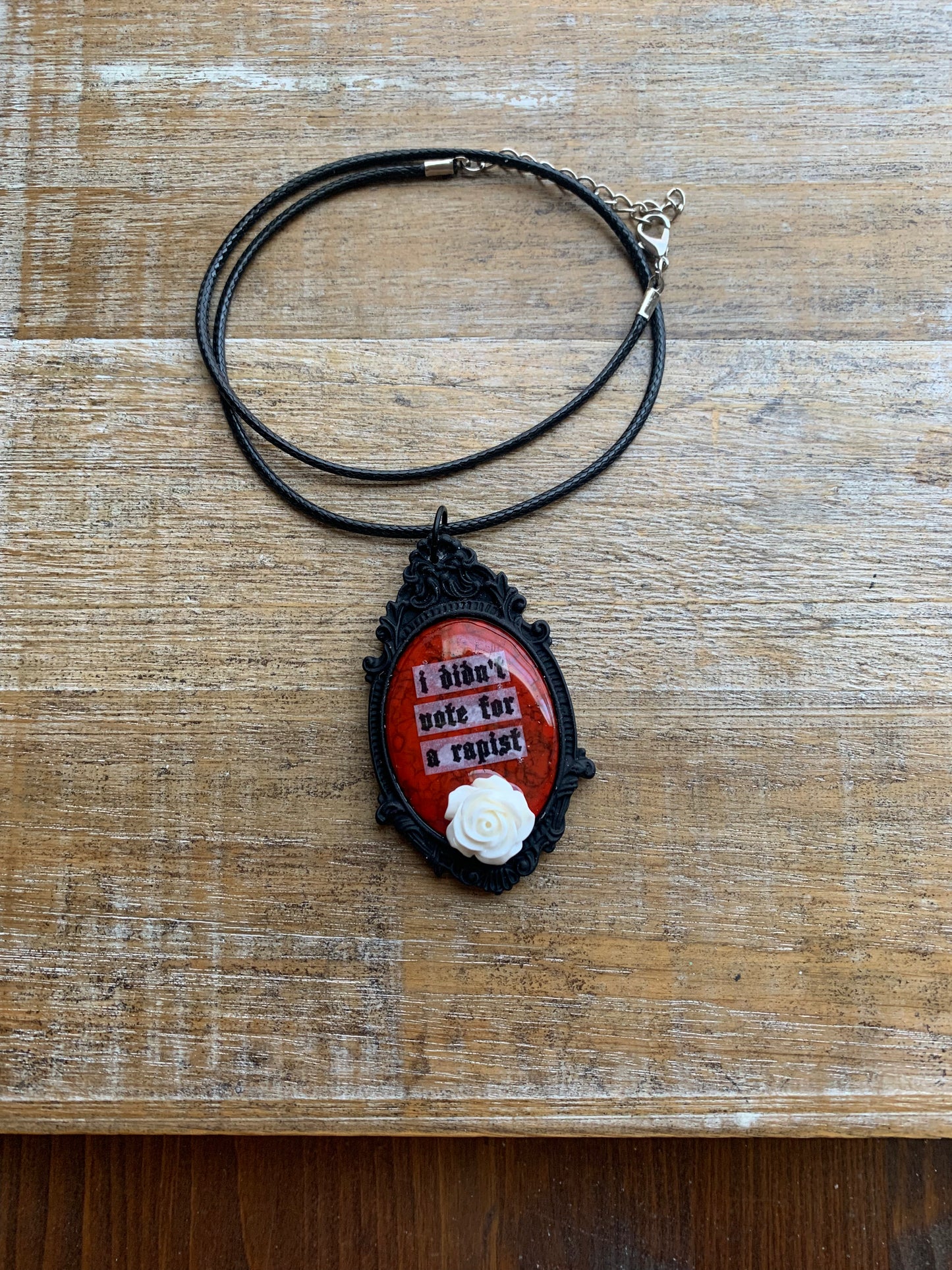 I Didn’t Vote for a Rapist Gothic Black & White Rose Cameo Cord Necklace
