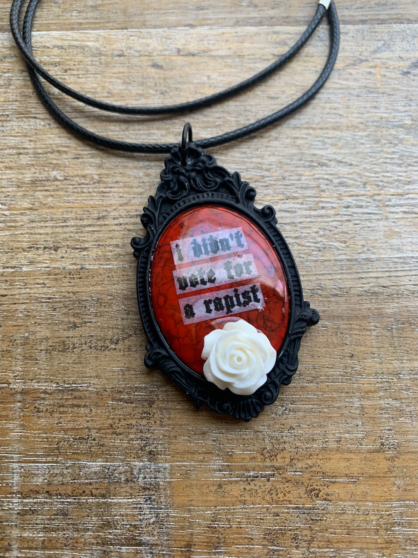 I Didn’t Vote for a Rapist Gothic Black & White Rose Cameo Cord Necklace