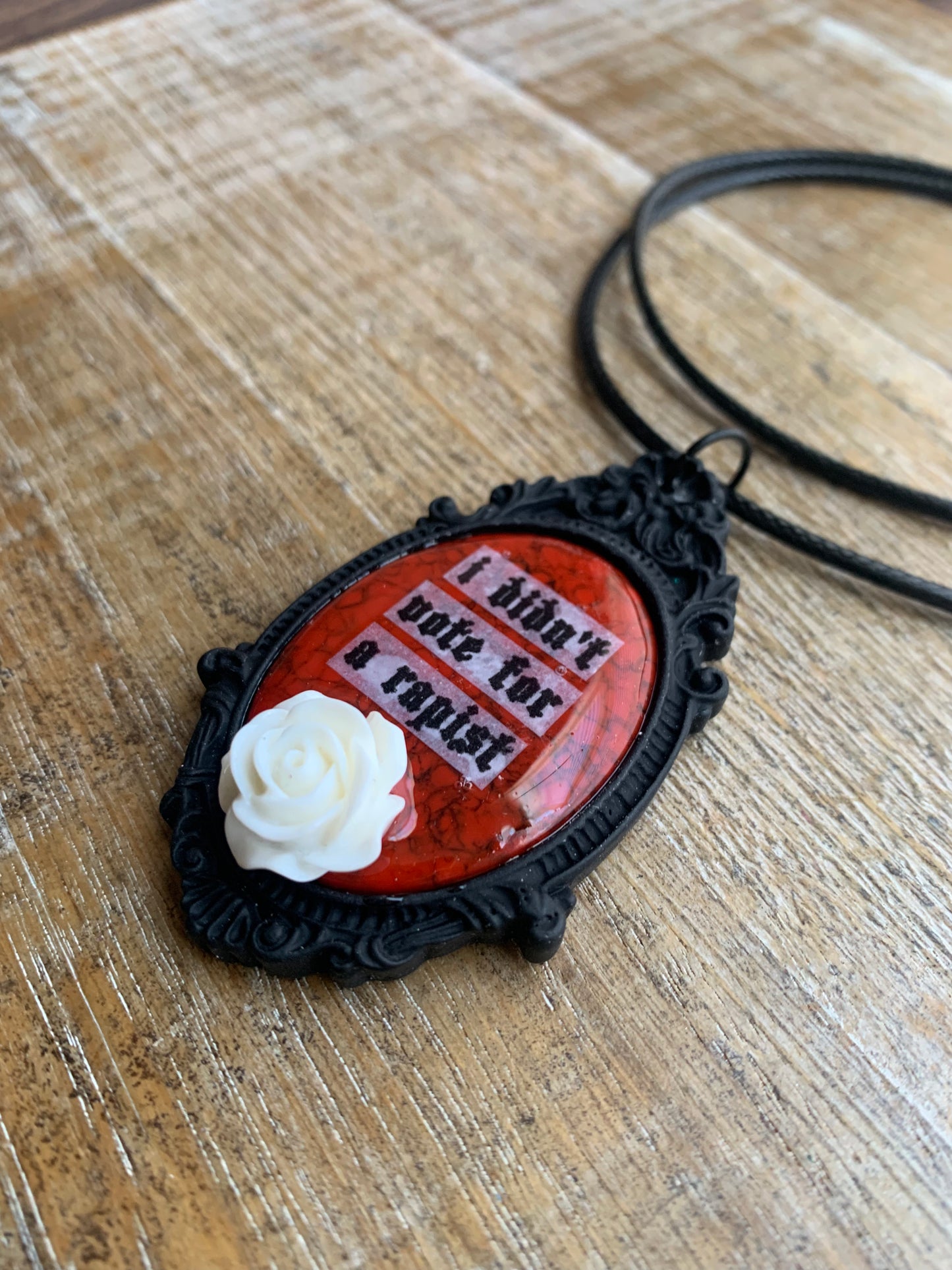 I Didn’t Vote for a Rapist Gothic Black & White Rose Cameo Cord Necklace