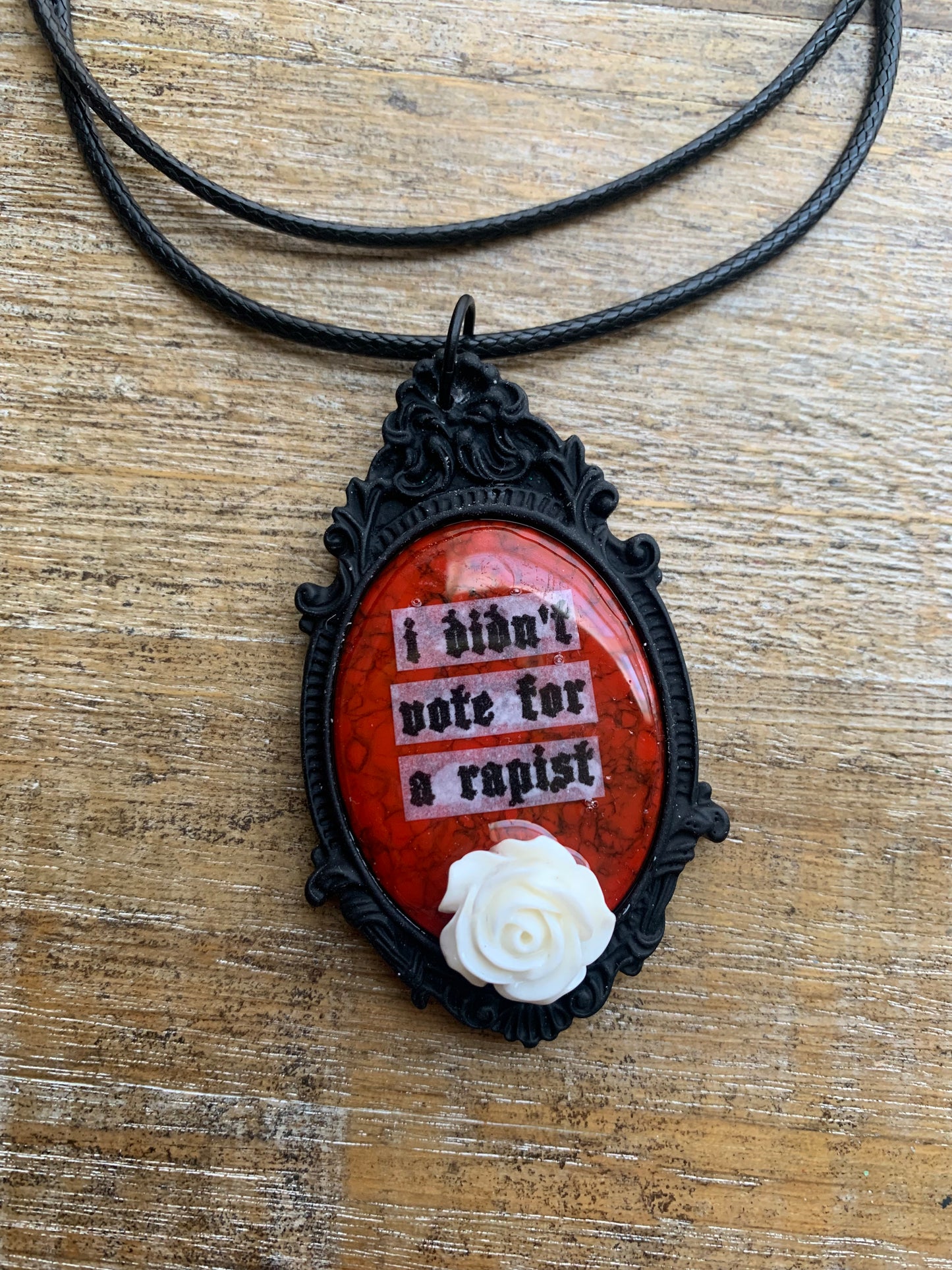 I Didn’t Vote for a Rapist Gothic Black & White Rose Cameo Cord Necklace